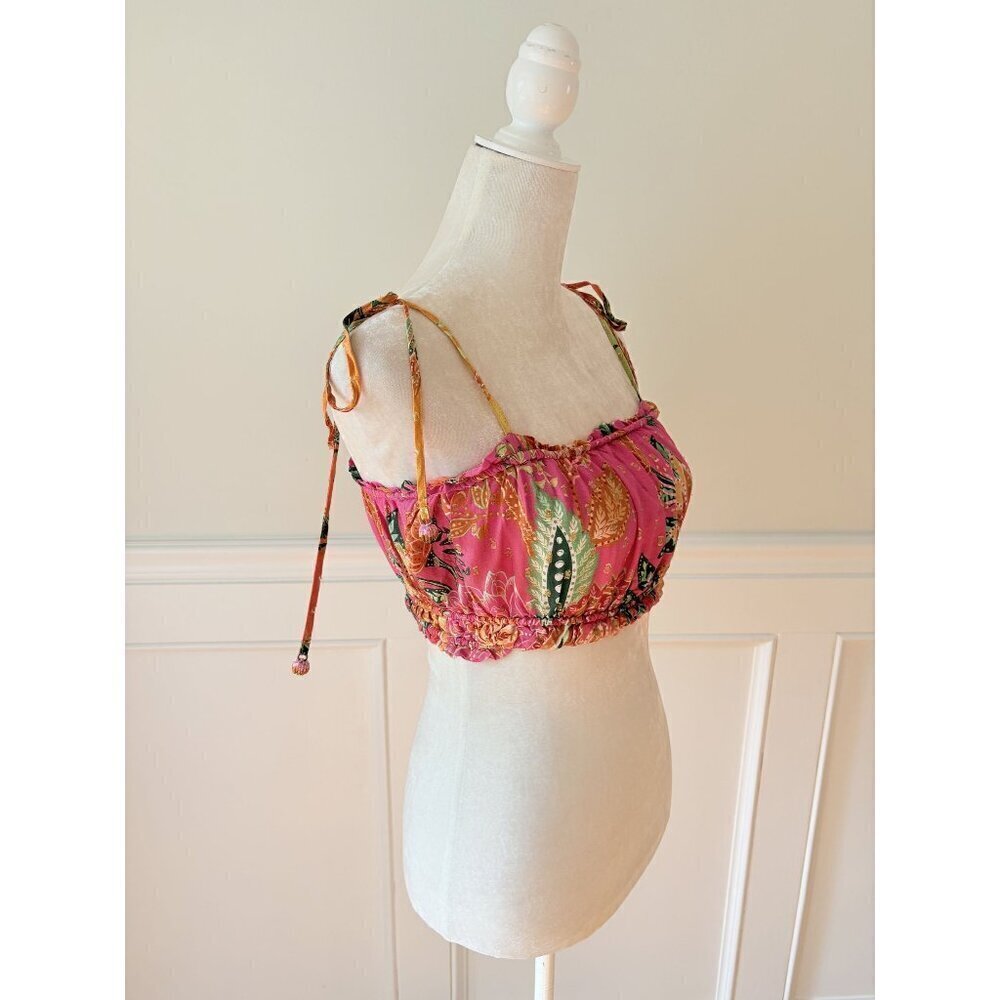 Farm Rio Pink Floral Stretch Crop Top w Beaded Tie Straps M